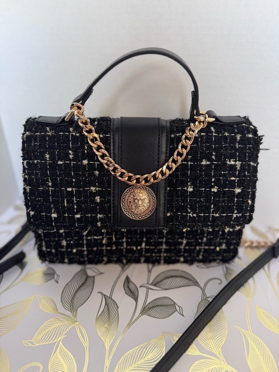 Aldo Handbags - ALDO Black Tweed Top-Handle Bag with Gold Chain Accent